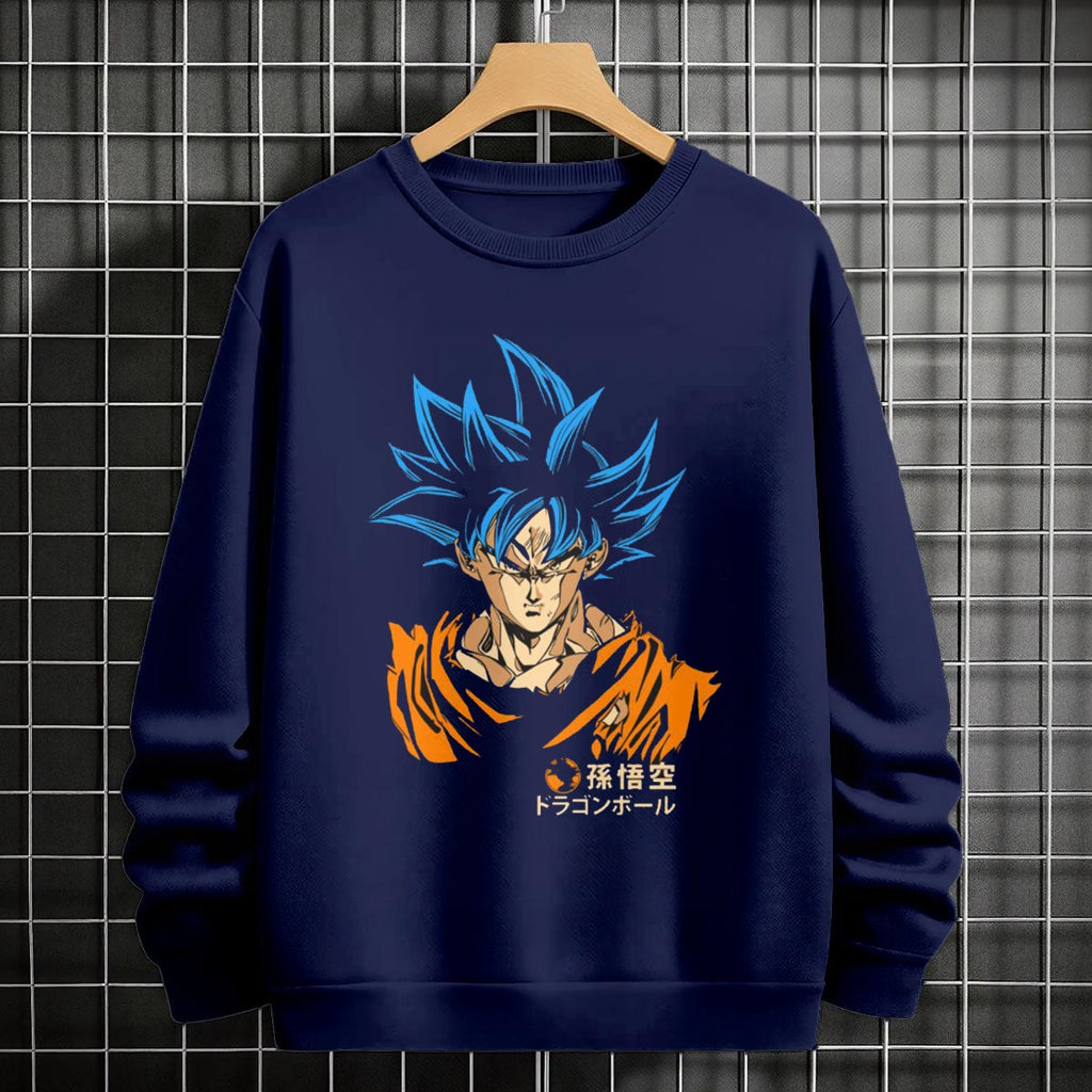 Black crewneck sweatshirt featuring Goku shadow silhouette with blue and pink neon aura and vertical Japanese text, flat lay on grey background.
