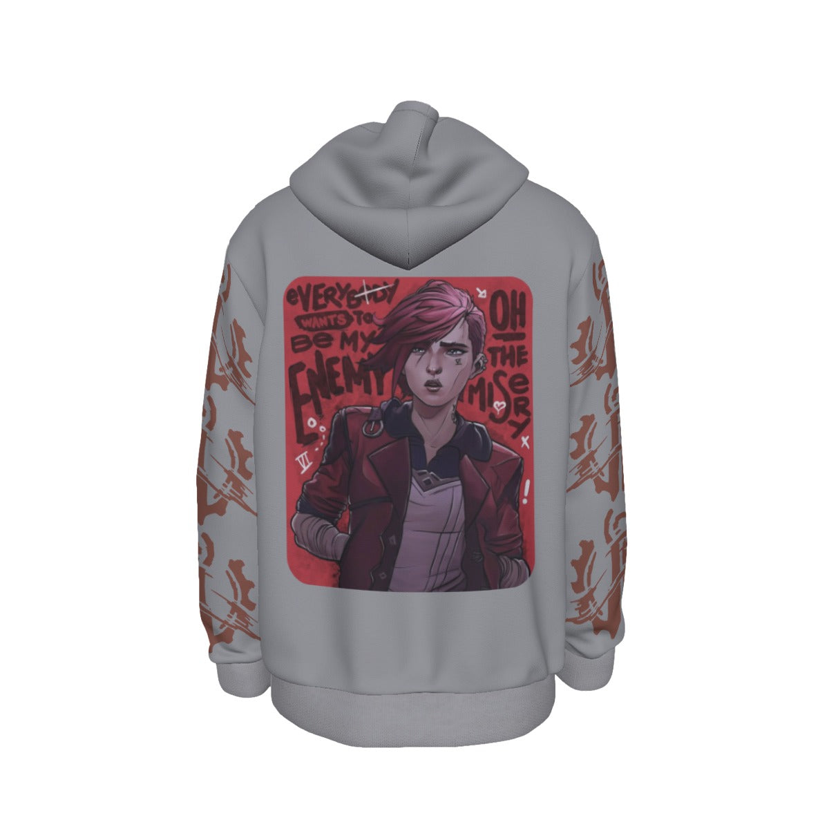 Arcane Vi inspired gamer hoodie front view

League of Legends Vi fan hoodie black

Anime streetwear Vi cosplay hoodie

Arcane style cyberpunk gamer sweatshirt