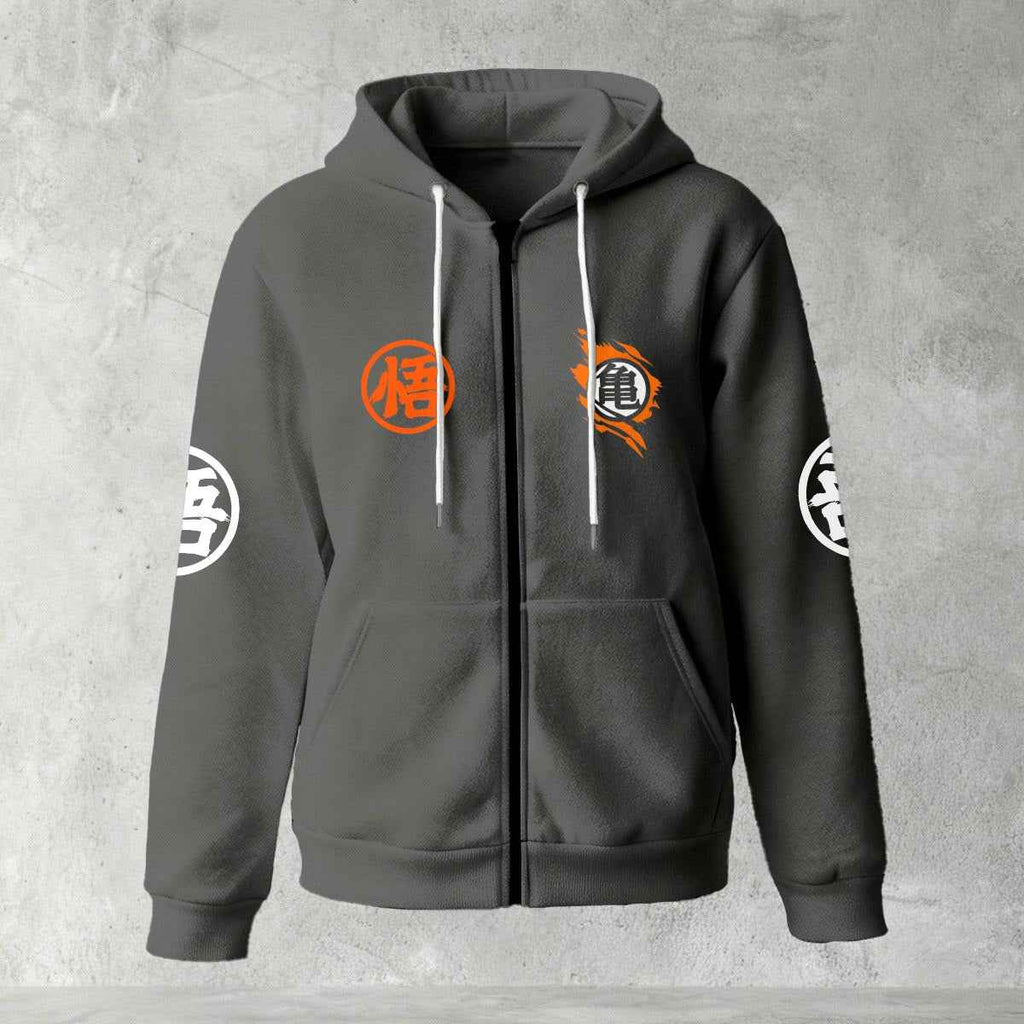 Dragon Ball Z Goku "Go" Kanji Symbol Zip-Up Hoodie | Black Anime Streetwear
