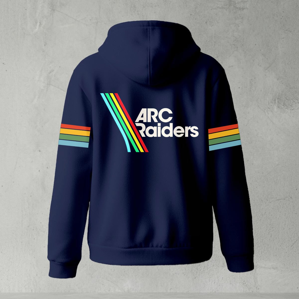 Black zip-up hoodie featuring ARC Raiders logo on chest and retro red, yellow, green, and blue stripes on sleeves, flat lay on grey background.