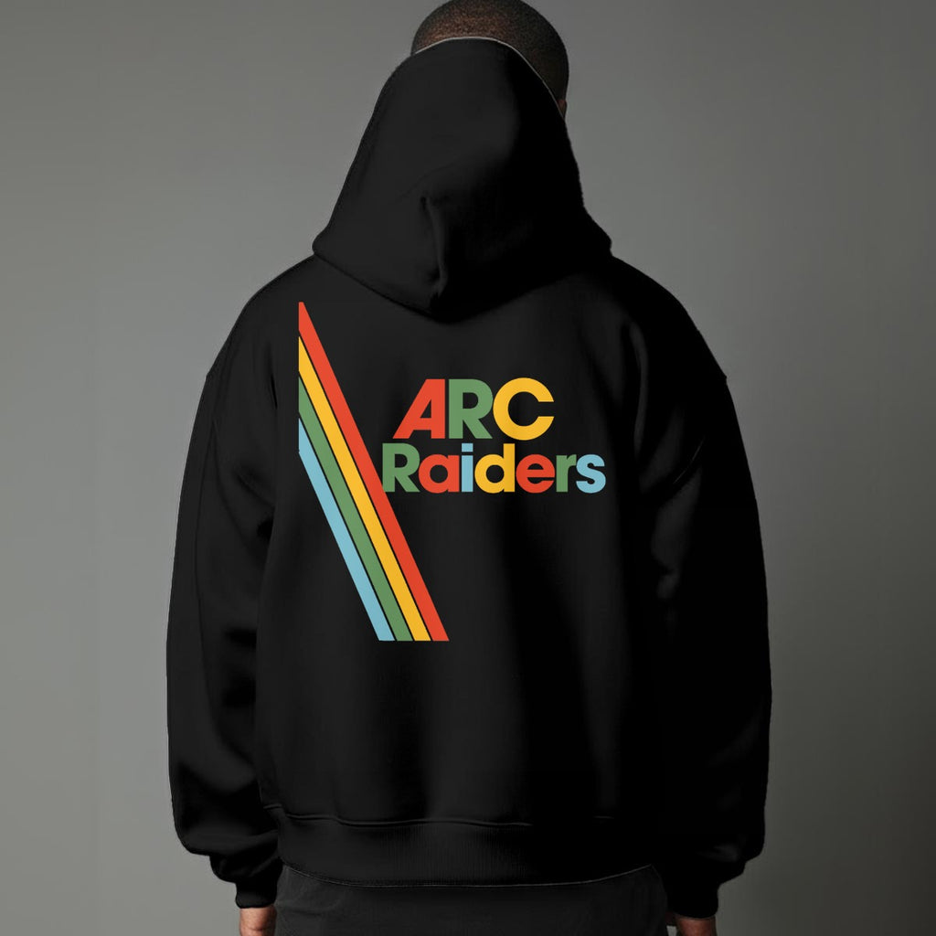 Black hoodie with 'ARC Raiders' colorful text design on the back against a gray background