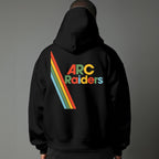 Black hoodie with 'ARC Raiders' colorful text design on the back against a gray background