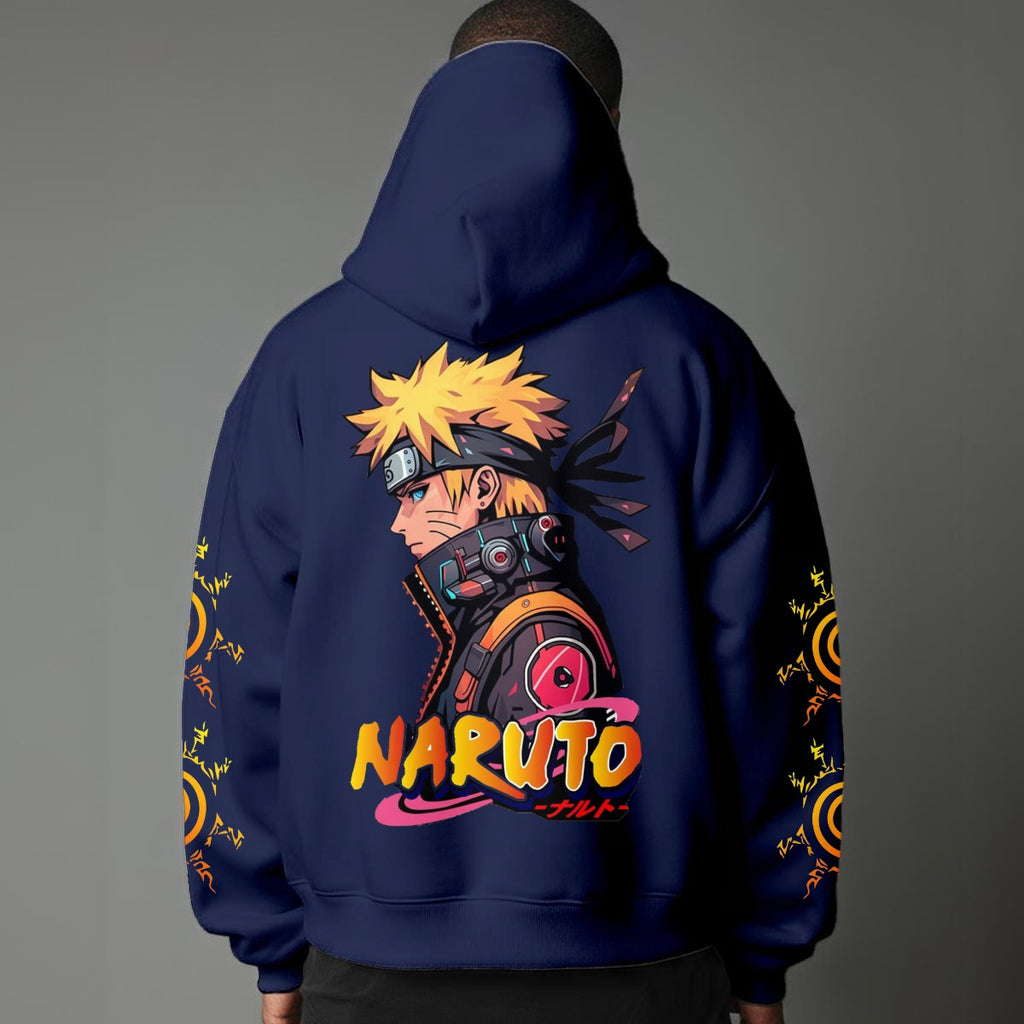 Black pullover hoodie featuring Naruto Uzumaki portrait on chest and vertical orange Japanese Kanji text on sleeves, worn by model on grey background.