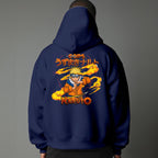 Black pullover hoodie featuring Naruto Uzumaki portrait on chest and vertical orange Japanese Kanji text on sleeves, worn by model on grey background.