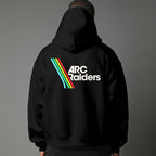 Person wearing a black hoodie with 'ARC Raiders' logo on the back against a gray background