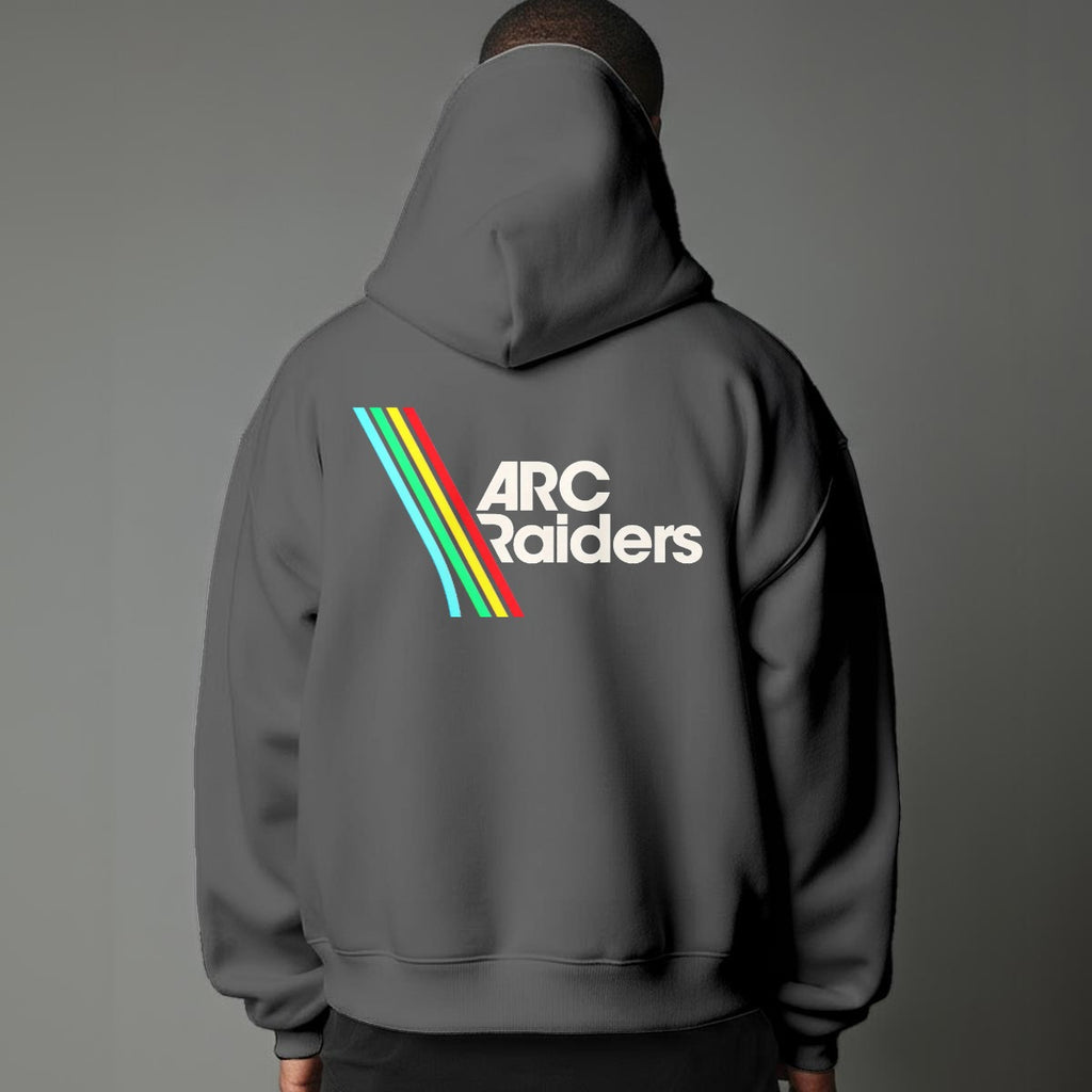 Person wearing a gray hoodie with 'ARC Raiders' logo on the back against a gray background