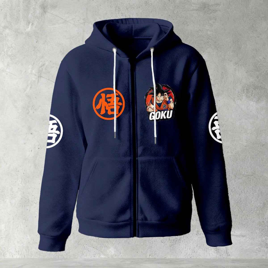 Dragon Ball Z Goku "Go" Kanji Symbol Zip-Up Hoodie | Black Anime Streetwear