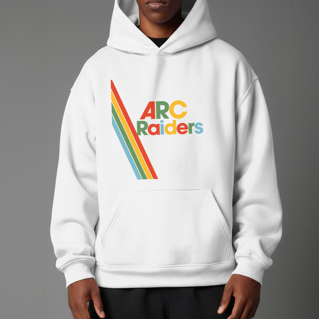 White hoodie with 'ARC Raiders' logo on a gray background