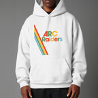 White hoodie with 'ARC Raiders' logo on a gray background