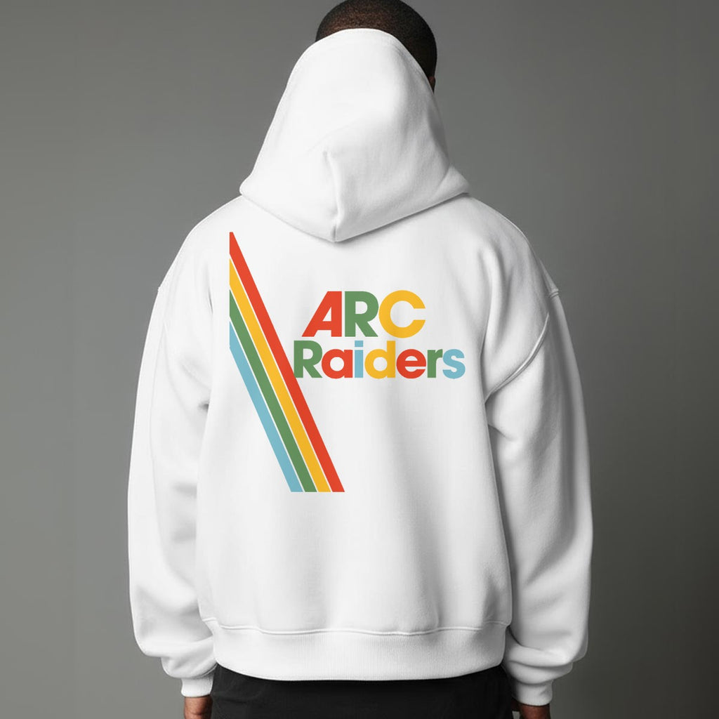 Person wearing a white hoodie with 'ARC Raiders' text and rainbow design on the back against a gray background